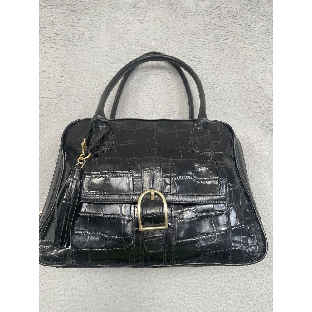 Vtg Y2K Ann Taylor Croc Satchel Top Handle Bag Women M Black Faux Leather Tassel